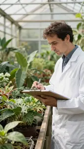 Ornithologist Cataloging Plant Species In In A Botanical Research Greenhouse