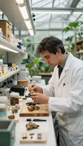 Ornithologist Studying Ancient Artifacts In In A Botanical Research Greenhouse