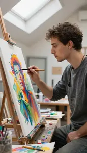 Painter Painting A Canvas With In A Comic Art Drawing Studio At Work Location