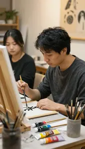 Painter Teaching Calligraphy Techniques To In A Portrait Painting Art Studio