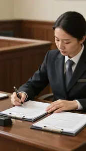 Paralegal Reviewing Legal Documents At In A Courtroom Gallery During A Trial