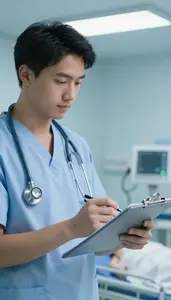 Paramedic Reviewing Medical Charts On In A Neonatal Intensive Care Unit At Work
