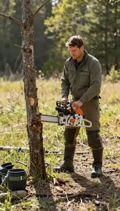 Park Ranger Cutting Down Trees With In A National Park Forest Trail At Work