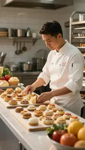 Pastry Chef Arranging Pastries On A In A Pastry Kitchen Display Area In Daily