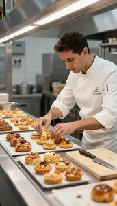 Pastry Chef Arranging Pastries On A In A Pastry Kitchen Display Area At Work