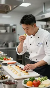 Pastry Chef Tasting And Adjusting Flavors In A Culinary Cooking School At Work