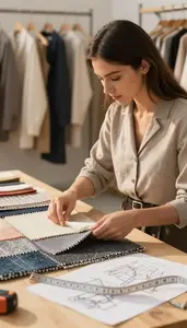 Pattern Maker Selecting Fabric Swatches For In A Fashion Showroom At Work Today