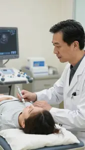 Pediatrician Performing An Ultrasound Scan In A Clinical Trial Observation Room