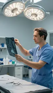 Physical Therapist Analyzing X Ray Images On In A Radiation Therapy Suite At