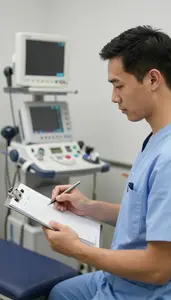 Physical Therapist Reviewing Medical Charts On In A Chiropractic Adjustment Room