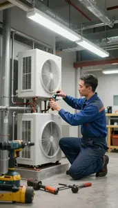 Pipefitter Installing A New Hvac Inside A Building Mechanical Room In Daily Work