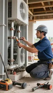 Pipefitter Installing A New Hvac Inside A Building Mechanical Room In