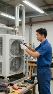 Pipefitter Installing A New Hvac In A Workshop Garage In Professional Setting