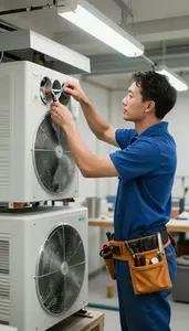 Plumber Installing A New Hvac Inside A Building Mechanical Room At Work Today