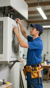Plumber Installing A New Hvac In A Workshop Garage In Professional Environment