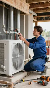 Plumber Installing A New Hvac Inside A Building Mechanical Room At Workplace