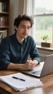 Poet Interviewing A Subject For In A Writers Home Office Desk At Professional