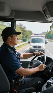 Police Car Driver Rushing An Ambulance Through Inside A Bus Driver Cabin At Work