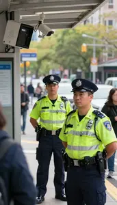 Police Officer Patrolling A Transit Station At A Busy City Street Intersection
