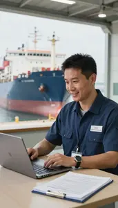 Port Operator Unloading A Ship At In A Customs Brokerage Office At Professional