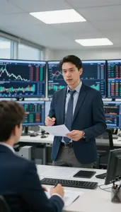 Portfolio Manager Conducting A Sales Pitch In A Financial Trading Floor In Daily