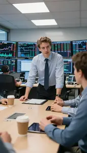 Portfolio Manager Leading A Meeting Around In A Stock Brokerage Trading Desk