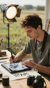 Portrait Photographer Creating Digital Art On In A Calligraphy Art Studio At