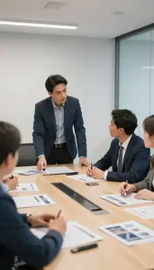 Procurement Manager Coaching A Team Member In A Conference Room With A Large