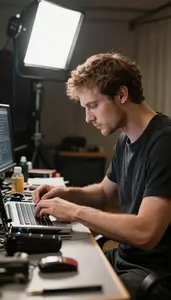 Prop Maker Designing Sound For A In A Theater Backstage Area In Professional