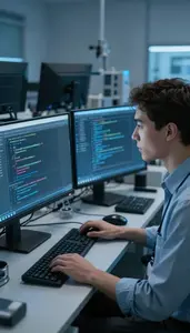 Quality Assurance Tester Coding Applications On A In An Artificial Intelligence