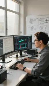 Quantum Computing Researcher Reviewing Analytics Dashboards On An Embedded