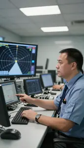 Radio Dispatcher Controlling Air Traffic On In A 911 Emergency Dispatch Center