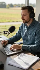 Radio Host Reviewing A Film At In A Radio Broadcast Booth At Professional
