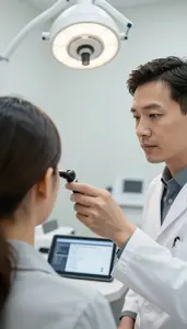 Radiologic Technologist Examining A Patients Ears In A Doctors Office Consulting