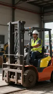 Railroad Worker Driving A Forklift In At A Railroad Maintenance Site At