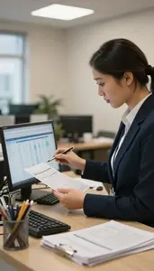 Receptionist Reviewing Budgets On A In A Public Relations Agency Office At