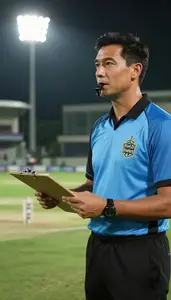 Referee Umpiring A Cricket Match In A Sports Analytics Office In Professional