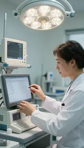 Respiratory Therapist Reviewing Blood Test Results In A Hospital Examination