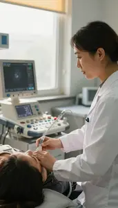 Respiratory Therapist Performing An Ultrasound Scan In A Medical Research