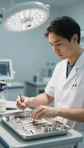 Respiratory Therapist Preparing Medical Instruments On In A Hospital Examination