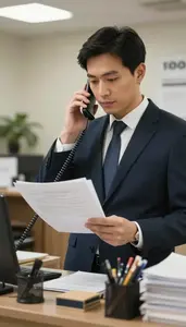 Restaurant Manager Making A Phone Call In An Insurance Agency Office In