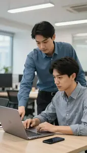 Restaurant Manager Mentoring A Junior Colleague In A Modern Corporate Office