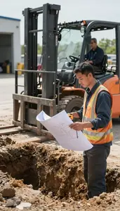 Road Worker Operating An Excavator To In A Warehouse Forklift Operating Area