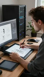 Robotics Software Engineer Creating Wireframes On A In A Home Office Desk Setup