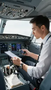 Route Planner Conducting A Pre Flight In An Airplane Cockpit In Professional