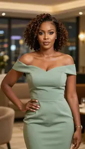 Sage Green Off Shoulder Cocktail Gown Glamour Ethiopian Woman With Victory Rolls