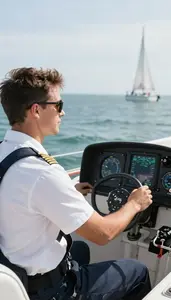 Sailing Instructor Training A Pilot In On A Sailing Boat On Open Water At Work