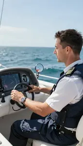 Sailing Instructor Training A Pilot In On A Sailing Boat On Open Water In