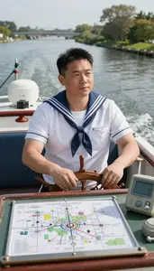 Sailor Steering A Ferry Across In A Boat Navigating A Canal At Work Location