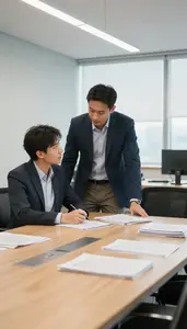 Vp Of Sales Mentoring A Junior Colleague In A Conference Room With A Large Table